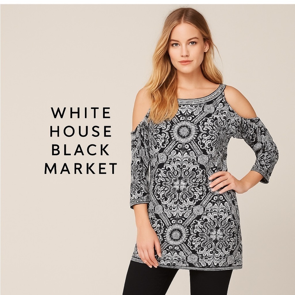 White House Black Market Black and White Patterned Top Size Medium Cold Shoulder - Picture 8 of 8
